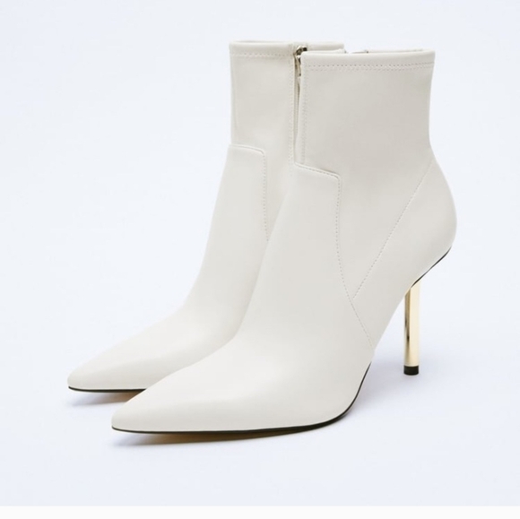 ZARA Cream/ivory Gold Stiletto Heeled Zip Booties. 3.75". Size US 6.5 - Picture 1 of 15